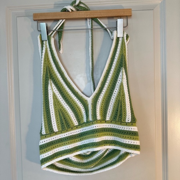 Hollister Tops - Hollister Green & White Crochet Open Knit Tie Halter Top, Size L/ XL